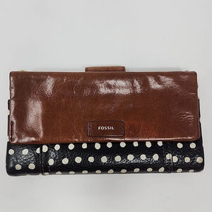 Fossil Vintage Wallet Sydney Brown Leather Retro Black White Polka Dot Trifold